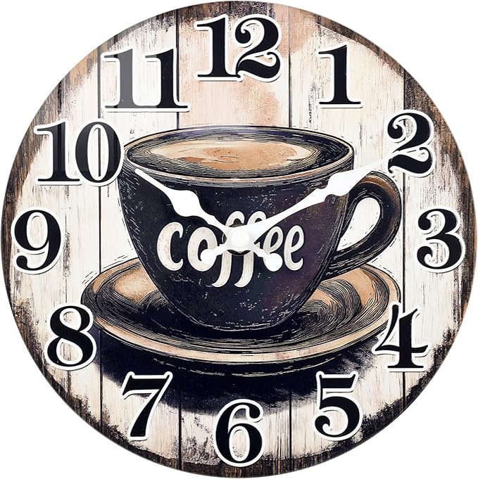 Vintage Coffee Sign Kitchen Wall Clock, Rustic Coffee Wall Clock Decor Battery by HorizentWallClock