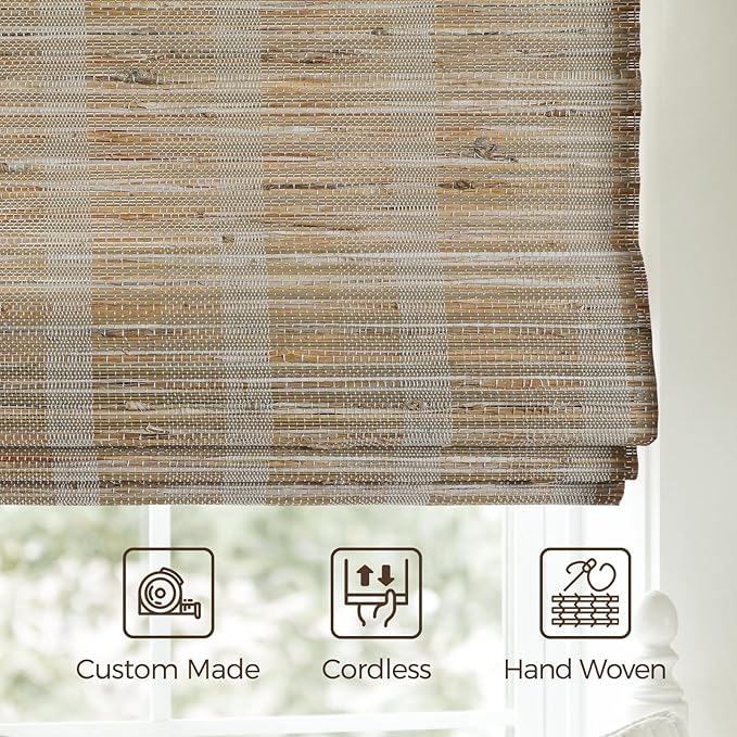 TWOPAGES Natural Woven No Drill Roman Shades, Custom Cordless Blackout Bamboo - Image 4