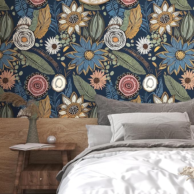 Boho Wallpaper Peel and Stick, Dark Vintage Floral Contact Paper, Retro - Image 5