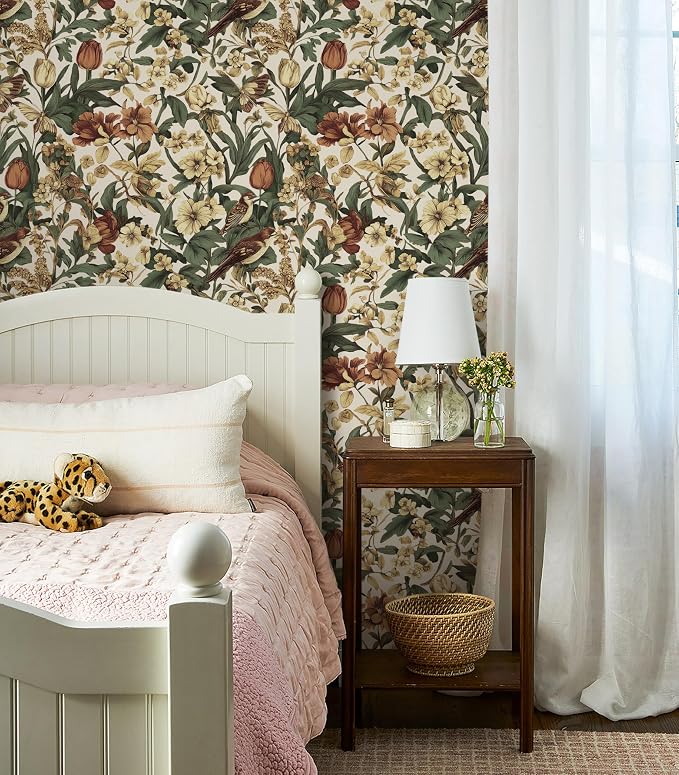 Erfoni 17.3" x197" Beige Retro Floral and Bird Contact Paper Vintage Peel and - Image 4