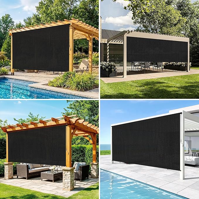 7'W x 8'H Black Patio Shades Roll up Outdoor Roller Shade Crank Wand Blind - Image 5