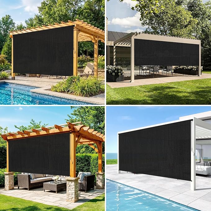 8'W x 6'H Black Patio Shades Roll up Outdoor Roller Shade Crank Wand Blind - Image 5