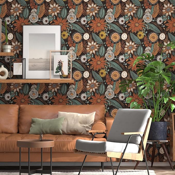 Rustic Boho Wallpaper Peel and Stick, Vintage Dark Brown Floral Contact Paper - Image 5