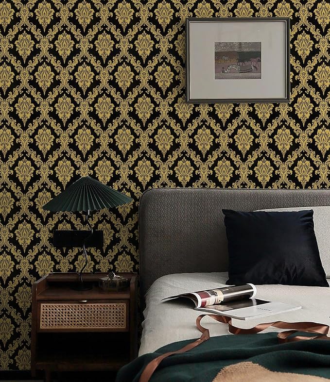 Peel and Stick Wallpaper Black and Yellow Damask Wallpaper - Image 2