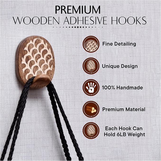 Indian Shelf 6 Lb- 6 Pieces Decorative Wood Adhesive Wall Hooks–Boho Peel and - Image 5