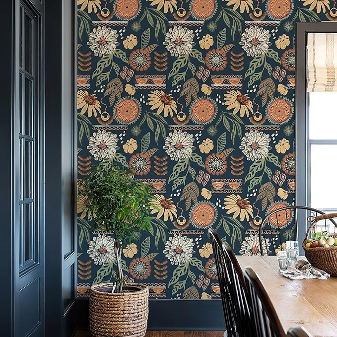 Simon&Siff Boho Peel and Stick Wallpaper, 17.3" x 80" Blue Sun Floral Retro - Image 3