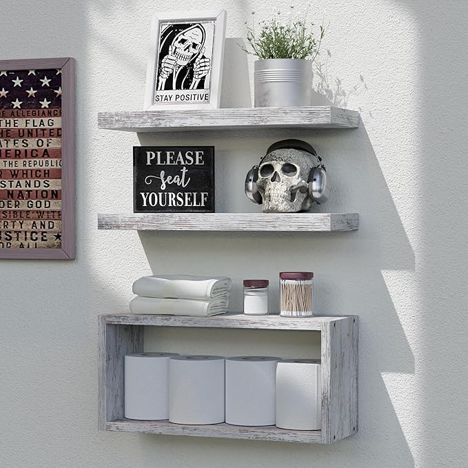 RICHER HOUSE Floating Shelves Set of 3, Farmhouse Bathroom Wall Mounted Shelves by RicherHouse