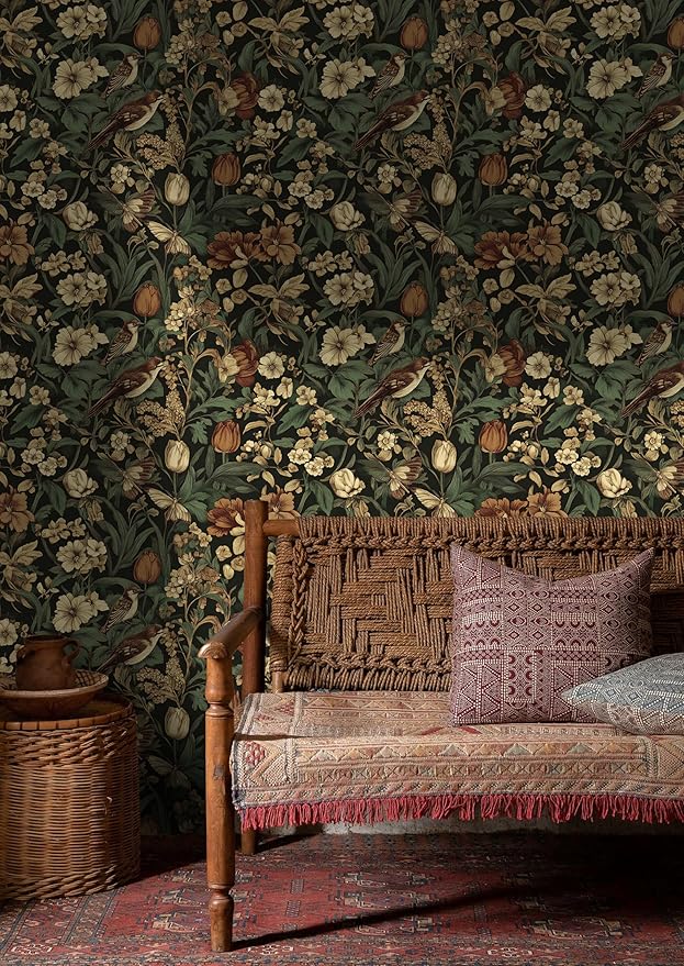 Erfoni 17.3" x 394" Bird Floral Peel and Stick Wallpaper Vintage Contact Paper - Image 2