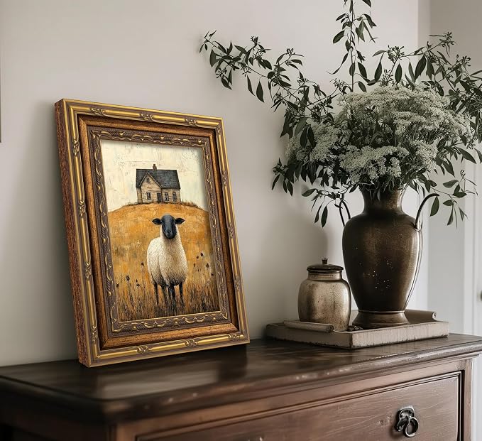 Vintage Gold Framed Wall Art Retro Country Sheep Oil Painting Canvas Prints - Image 5