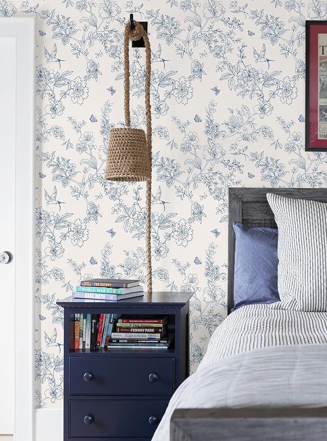 Froluya Cream White and Blue Floral Wallpaper Peel and Stick Wallpaper - Image 5