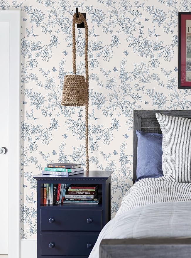 Froluya Cream White and Blue Floral Wallpaper Peel and Stick Wallpaper - Image 9