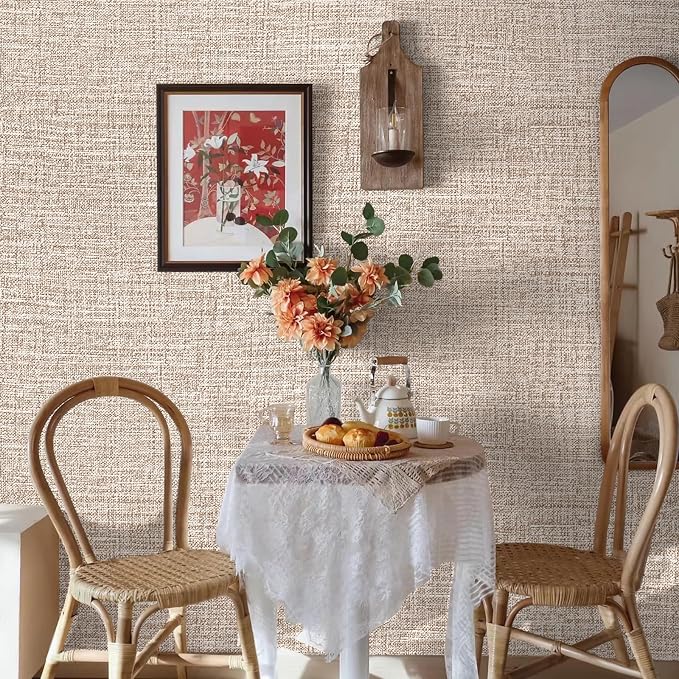 Amiya Grasscloth Khaki Wallpaper 17.3"x120" Peel and Stick Tan Faux Fabric - Image 6
