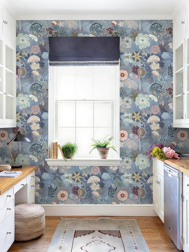 Ismoon Floral Peel and Stick Wallpaper Vintage Blue Contact Paper Jellyfish - Image 6