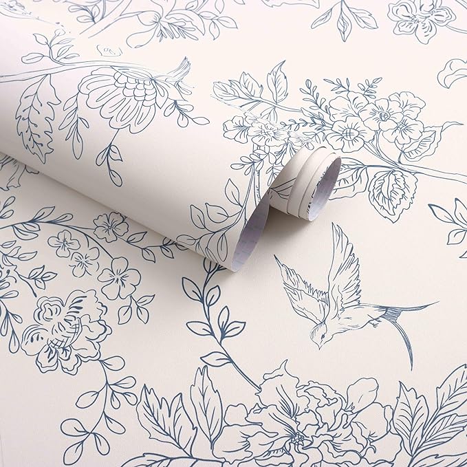 Froluya Cream White and Blue Floral Wallpaper Peel and Stick Wallpaper by Froluya