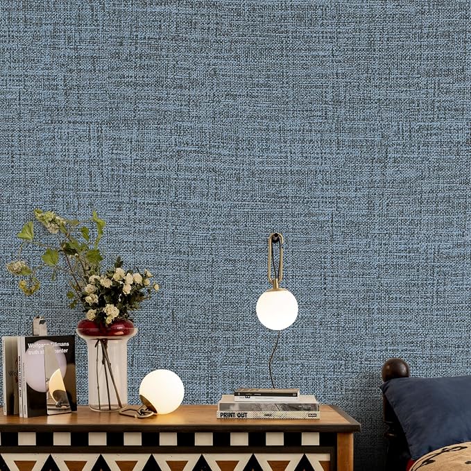 Blue Gray Grasscloth Peel and Stick Wallpaper 17.3"x120" Faux Linen Textured - Image 3