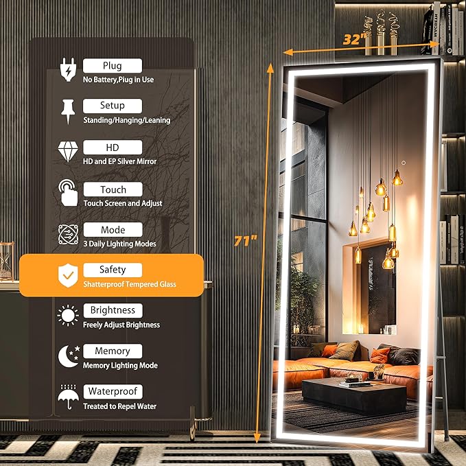 Hasipu Full Length Mirror with Lights, Full Body Dressing Hanging Mounted Mirror - Image 2