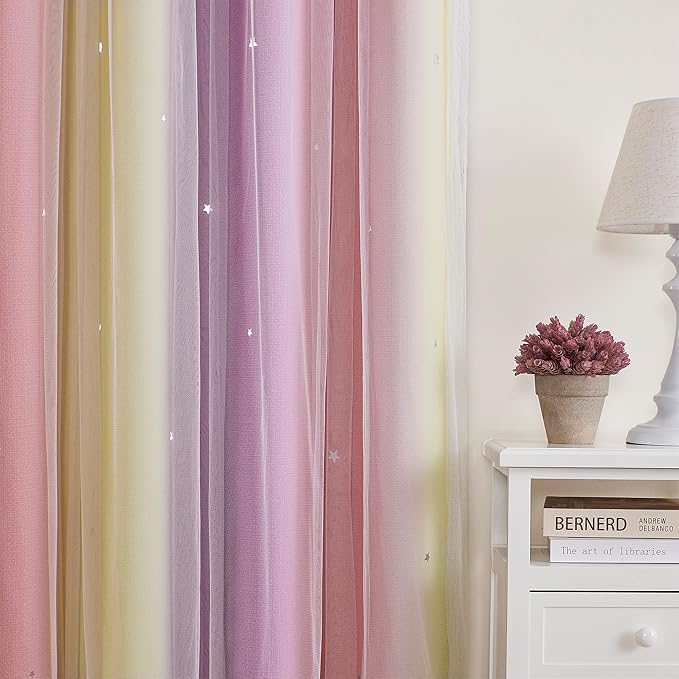 XiDi Curtains for Bedroom Decor, Rainbow Pink PurpleYellow52/54/1 - Image 3