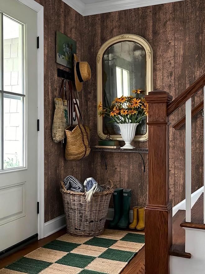Dimoon Wood Wallpaper Brown Dark Wood Contact Paper Brown Wood Plank Wood Peel - Image 2