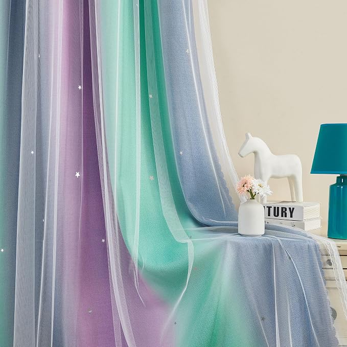 XiDi Curtains for Bedroom Decor, Rainbow Purplgreen grey52/90 - Image 3