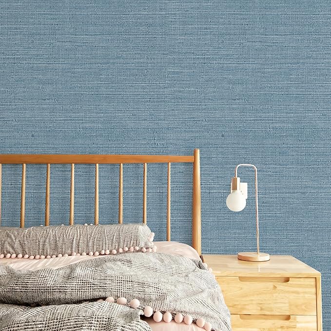 JiffDiff Grasscloth Wallpaper Peel and Stick 1181" x 17.3" Blue Cream - Image 4