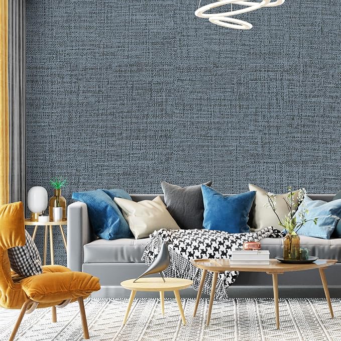 Blue Gray Grasscloth Peel and Stick Wallpaper 17.3"x120" Faux Linen Textured - Image 8