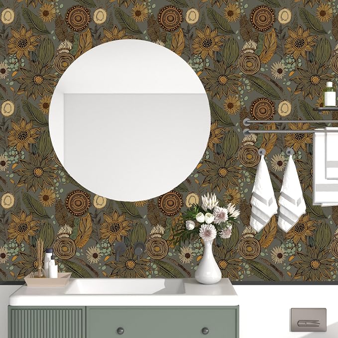 Grey Boho Wallpaper Peel and Stick, Vintage Yellow Green Floral Contact Paper - Image 4