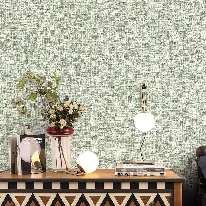 Green Grasscloth Peel and Stick Wallpaper 17.3"x480" Faux Linen Textured - Image 3