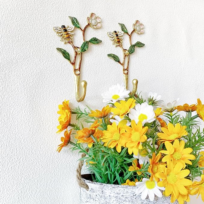 Vintage Bee-Shaped Decorative Wall Hooks, 2 Pack Hand-Painted Floral Metal Wall - Image 4