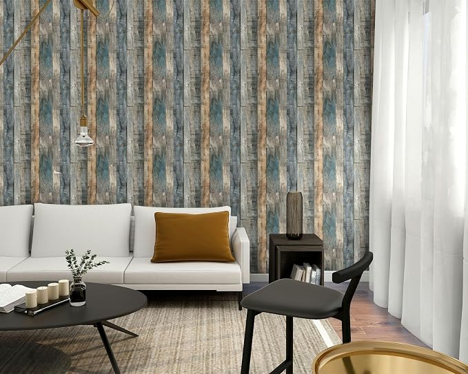 FLFK 16" x 384" Wallpaper Peel and Stick Blue-Gray Wood Contact Paper - Image 3
