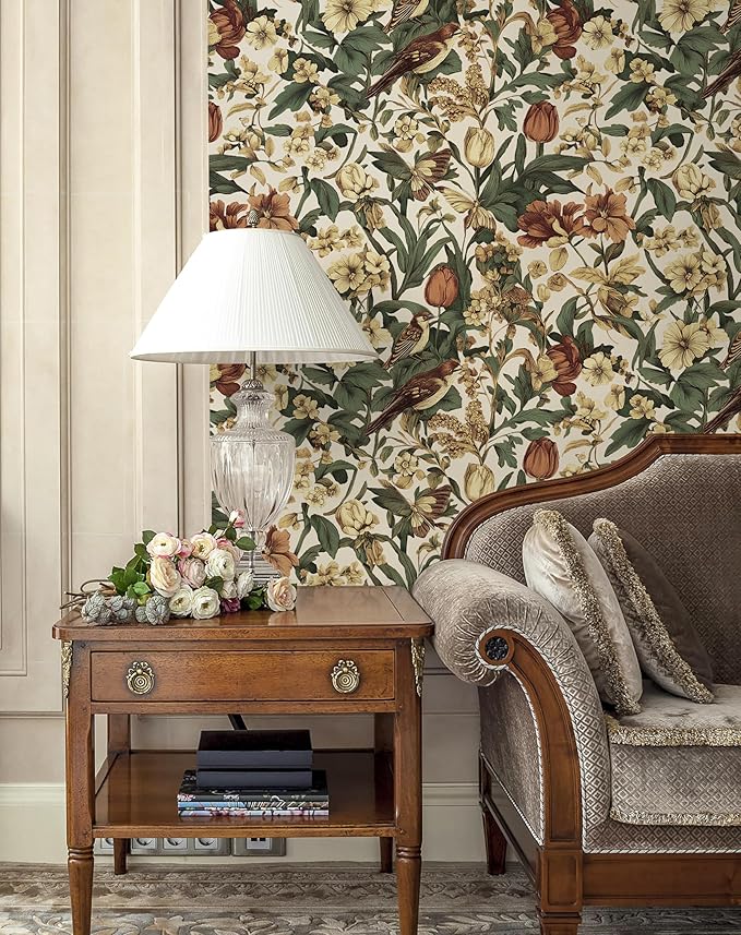 Erfoni 17.3" x118" Floral Birds Wallpaper Vintage Floral Peel and Stick - Image 2