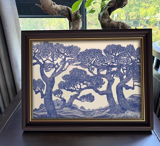 Vintage Gold Framed Wall Art Oak Tree Forest Painting Canvas Prints Blue - Image 6