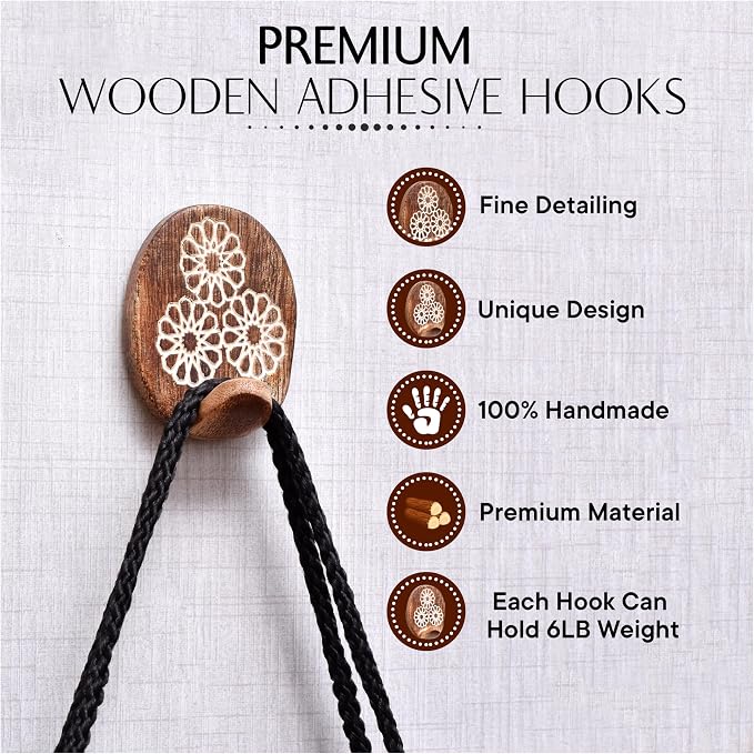 Indian Shelf 6 Lb- 6 Pieces Decorative Wood Adhesive Wall Hooks–Boho Peel and - Image 5