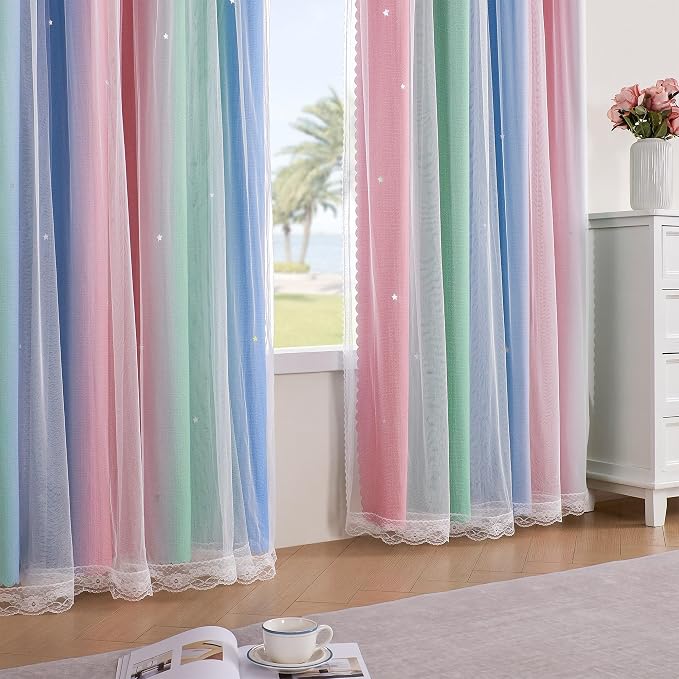 XiDi Pink Curtains for Bedroom Decor Blackout Curtains for Girl Room Rainbow - Image 3