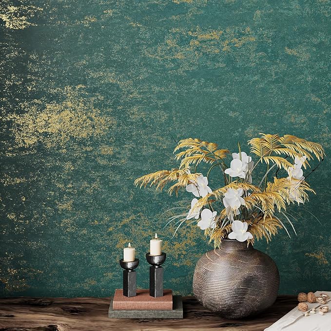 VEELIKE Distressed Teal Gold Metallic Peel and Stick Wallpaper Plaster Concrete by VEELIKE
