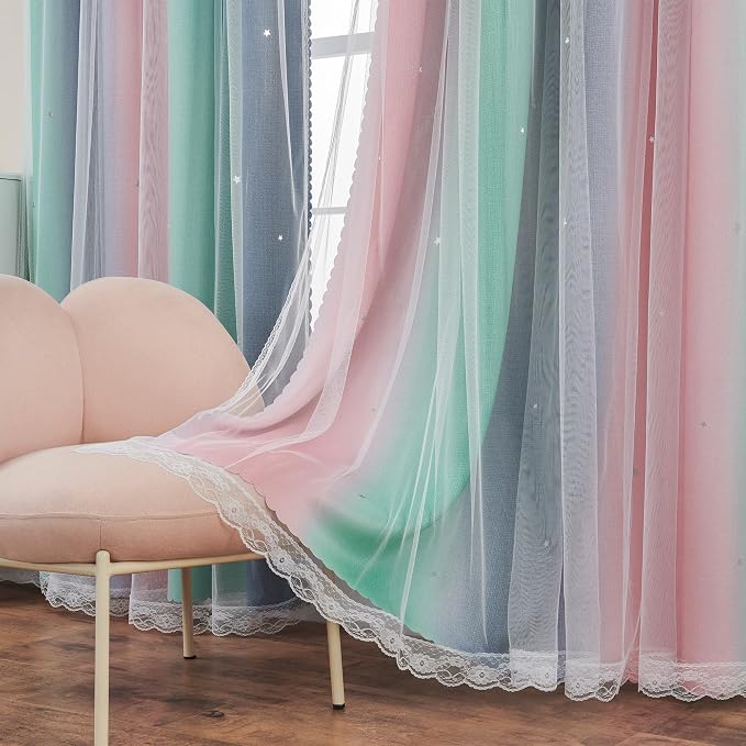 XiDi Curtains for Bedroom Decor, Rainbow Pinkgreen grey52/54 - Image 6