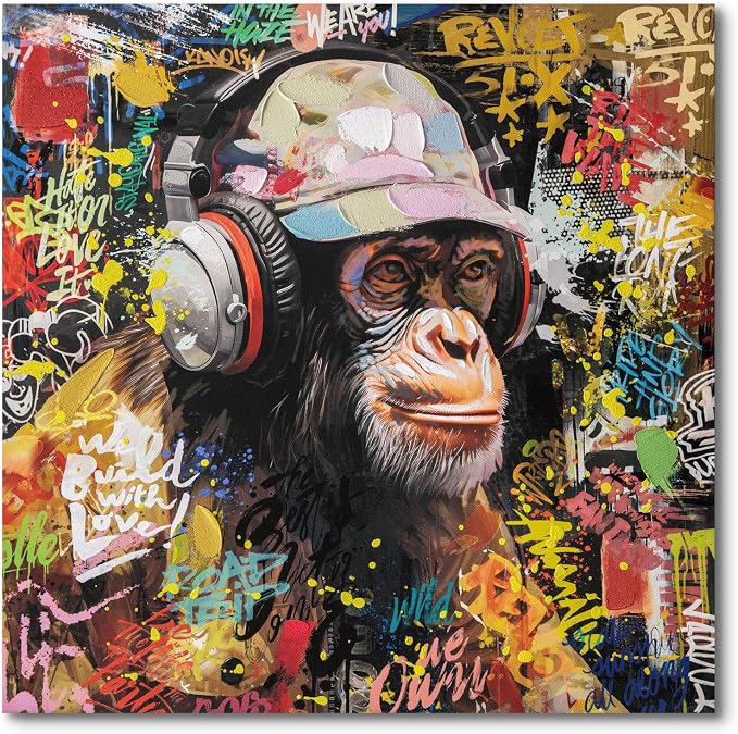 Modern Pop Art Monkey Canvas Wall Art, Street Graffiti Gorilla Canvas Painting by JolyWell