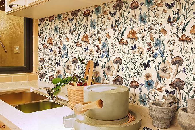 Froluya Mushroom Wallpaper Peel and Stick Vintage Floral Contact Paper 16.9" x - Image 3