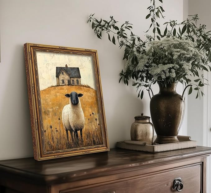 Vintage Gold Framed Wall Art Retro Country Sheep Oil Painting Canvas Prints - Image 2