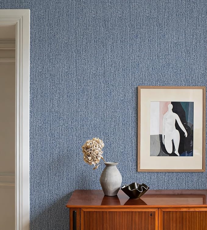 Grasscloth Peel and Stick Wallpaper Blue Contact Paper 15.7inch x 393.7inch - Image 2