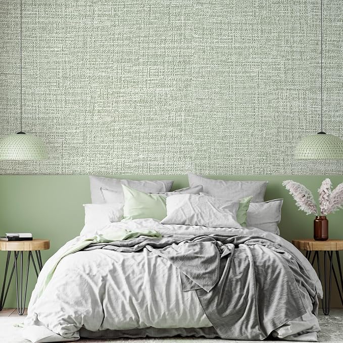 Green Grasscloth Peel and Stick Wallpaper 17.3"x480" Faux Linen Textured - Image 9