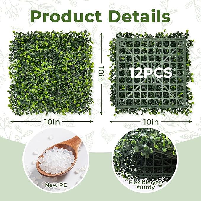 Artificial Grass Wall Panel Screen: 10"x10" 12P UV-Anti Faux Boxwood Panels - Image 2