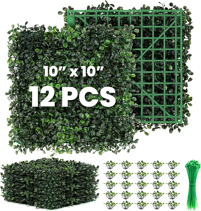 Grass Wall 12 Pack 10"x10" Artificial Boxwood Hedge Wall Panels, Privacy Hedge by Ticanros