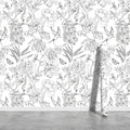 JiffDiff White and Black Wallpaper Peel and Stick Sketched Peony Floral by wallpaper