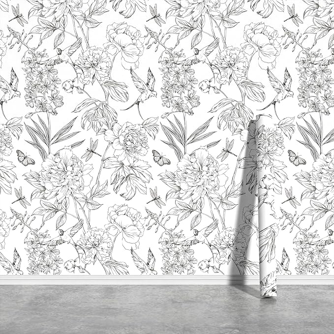 JiffDiff White and Black Wallpaper Peel and Stick Sketched Peony Floral by wallpaper