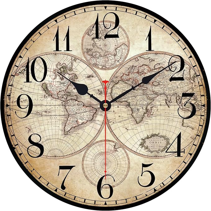 14 Inch Wooden Wall Clock Globe World Map Retro Vintage Rustic Wall Clocks by Toudorp