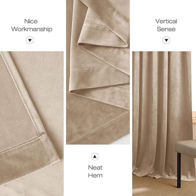 NICETOWN Beige Velvet Room Darkening Curtains, Home Decor Light Blocking - Image 6
