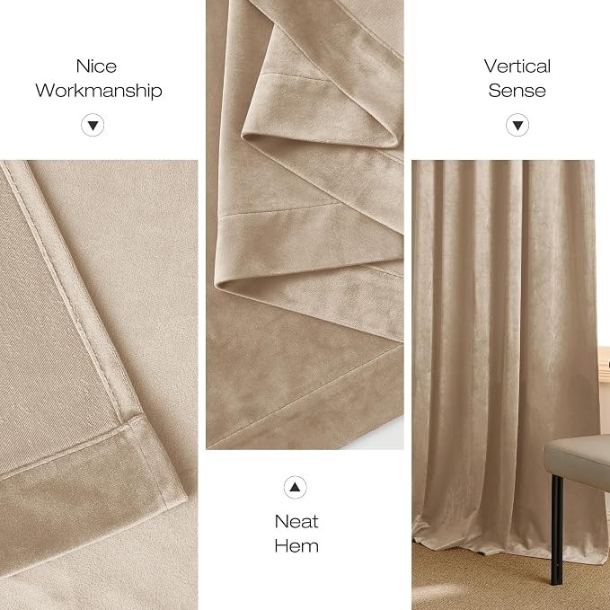 NICETOWN Beige Velvet Curtains 84 inches 2 Panels Set, Thermal Insulated Heavy - Image 6