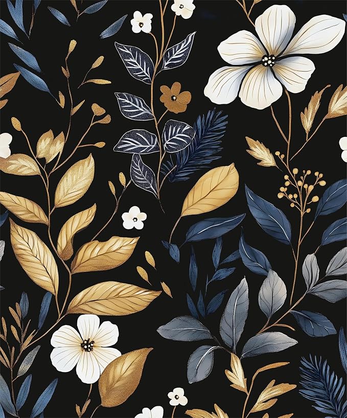 Laatse Vintage Dark Floral Wallpaper Peel and Stick Blue/Gold Leaf Wallpaper by Laatse