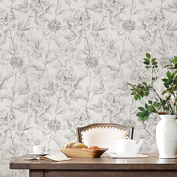 JiffDiff Black and White Floral Wallpaper 17.3" x 394" Peonies Removable Peel - Image 2