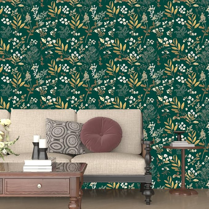 Laatse Dark Green Floral Wallpaper Peel and Stick Green Golden Leaf Wallpaper - Image 5